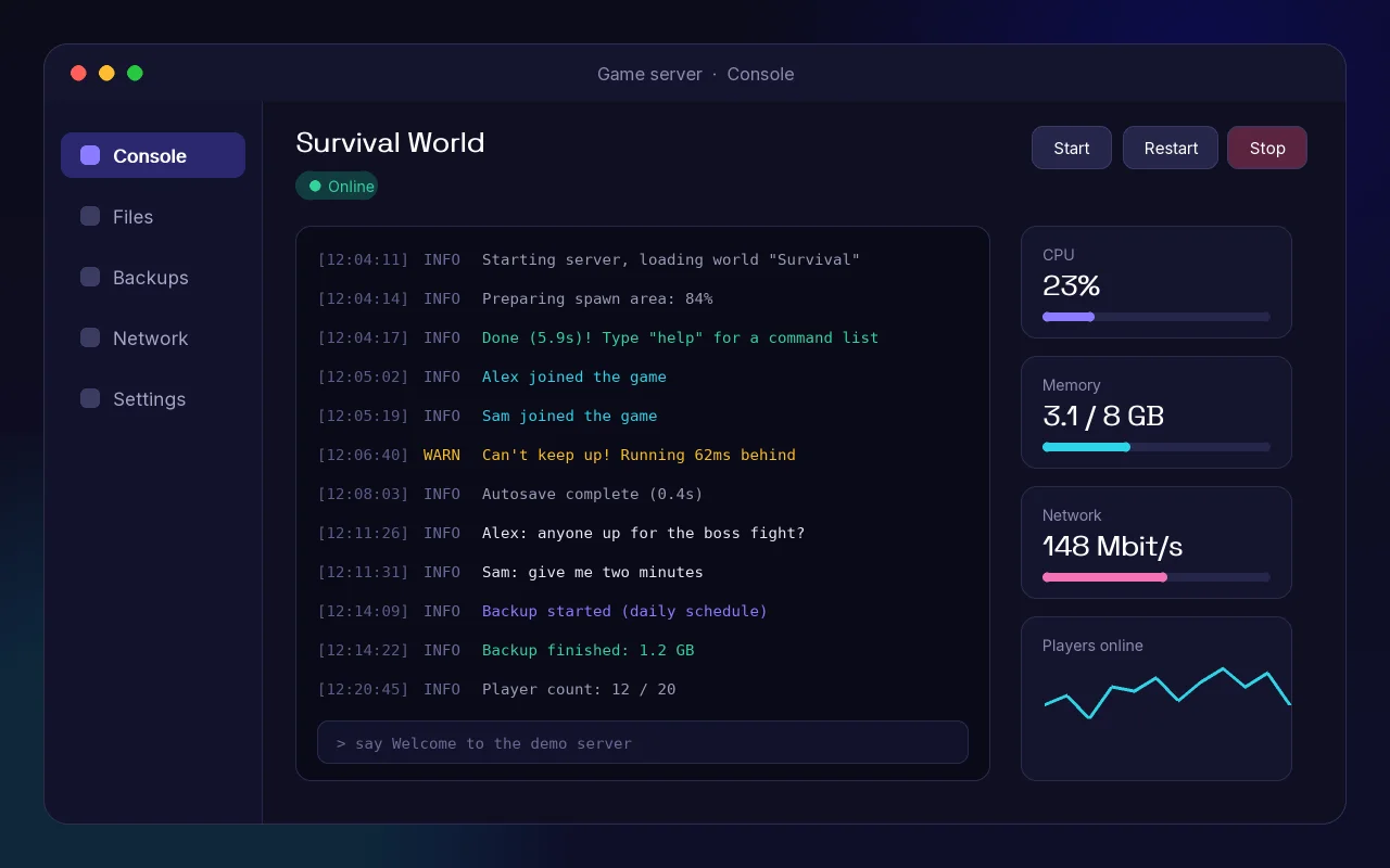 Live console with CPU, memory and network graphs